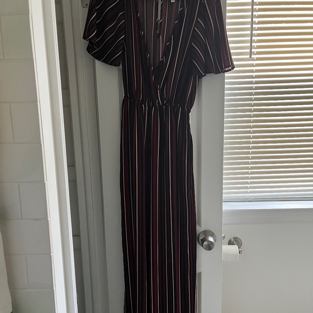 Burgundy, Black and White Striped Jumpsuit